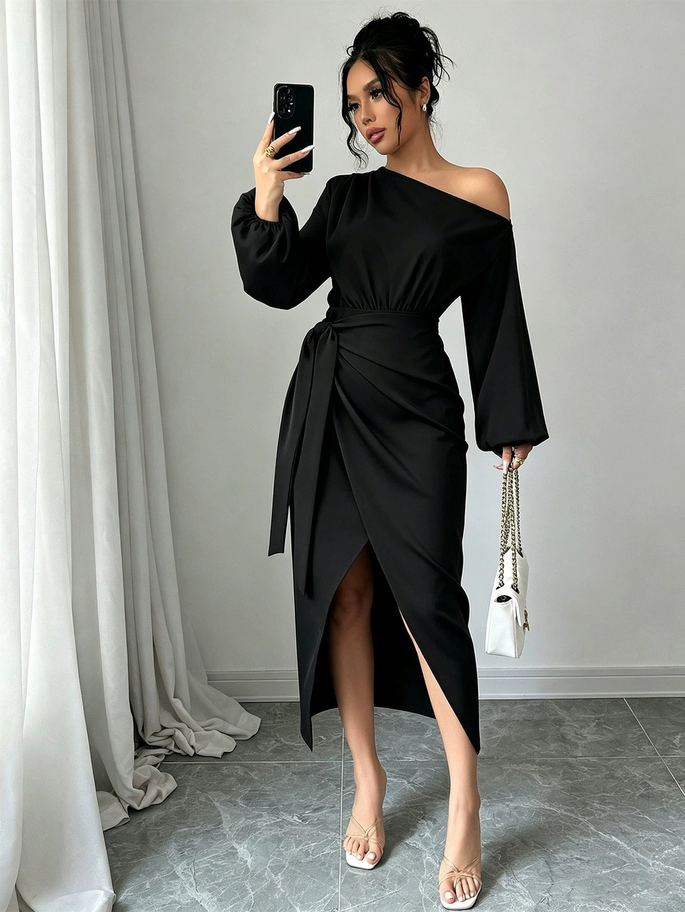 ZARA One Shoulder Long Sleeve Ruched Waist Midi Evening Dress Irregular Slit